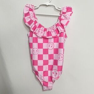 Pink Smiley Face Ruffled Shoulders Checkered Kids Swim One Piece Size 10